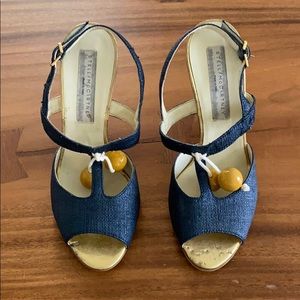 Stella McCartney Denim Linen T-Strap Heels